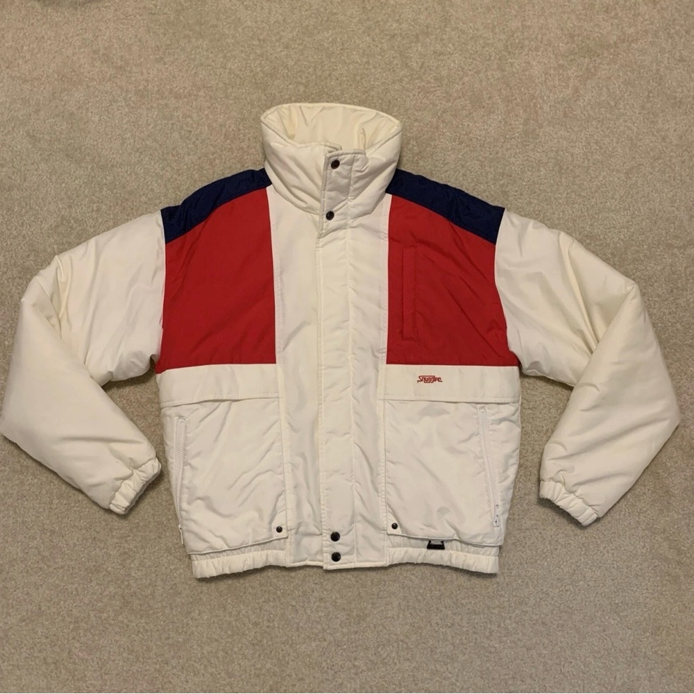 Snuggler Vintage 80s Winter Ski Jacket White Red Blue Full Zip Mens Size 40 M